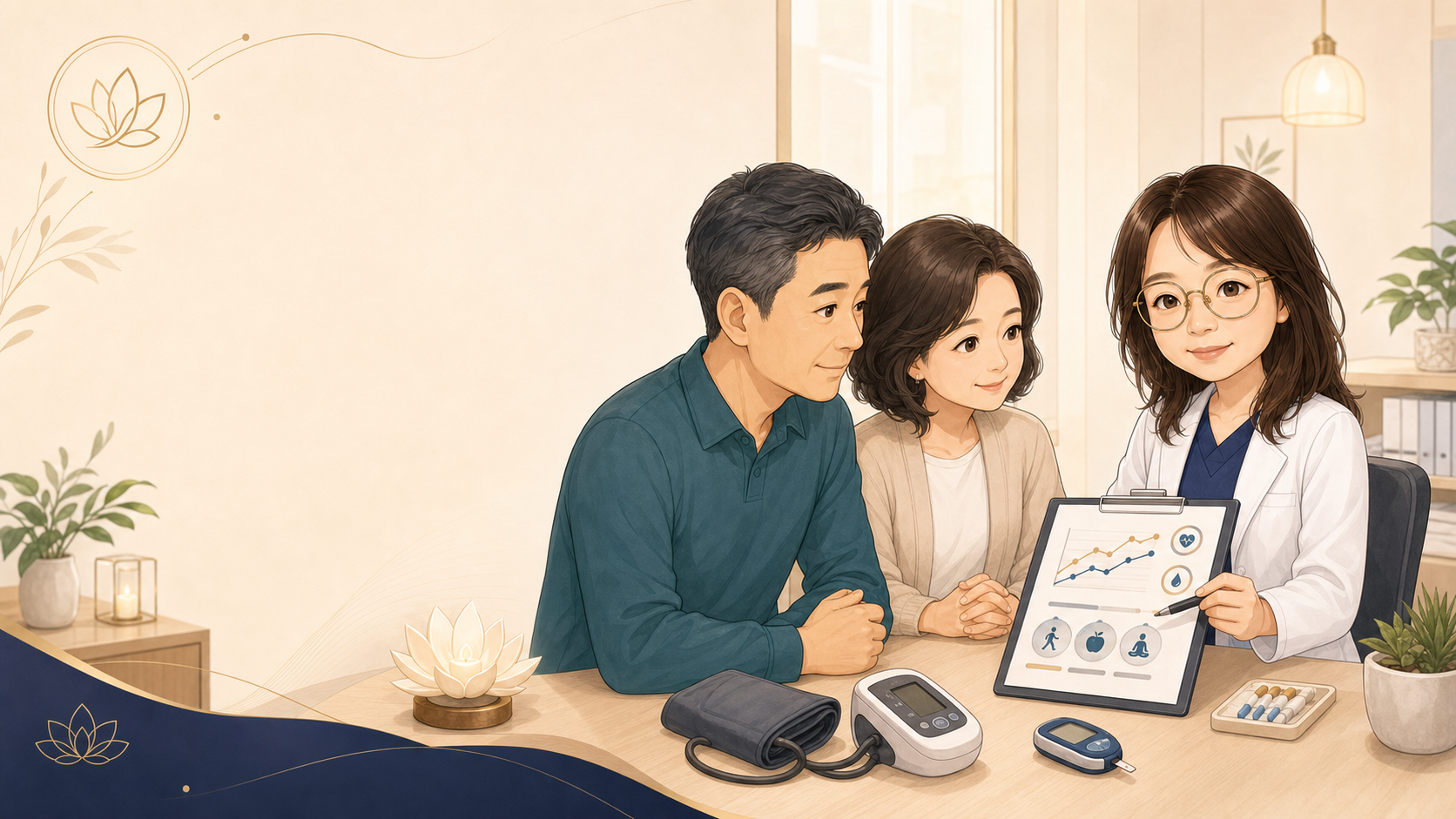 門診服務項目示意插畫，醫師與一家人在門診中一起檢視健康資料