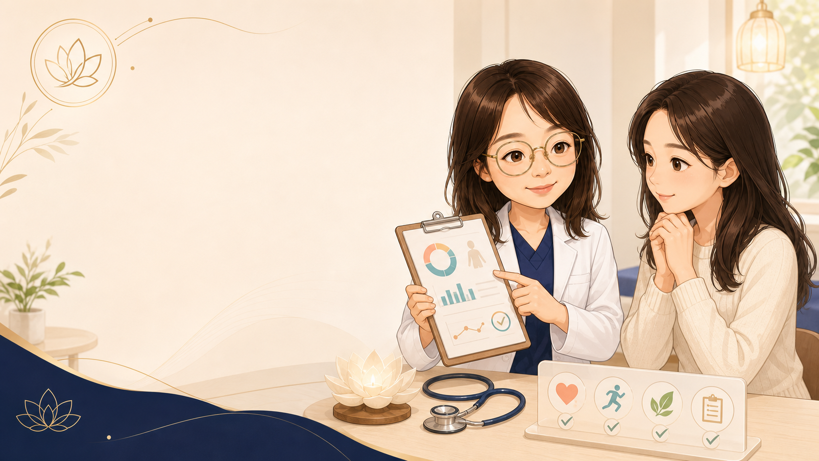 基礎健康檢查示意插畫，醫師向民眾說明健檢報告與數據