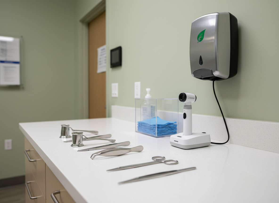 A meticulously arranged examination room counter in a family medicine clinic, featuring a lined-up row of sterile instruments, disposable gloves in a clear dispenser, a digital otoscope dock, and a wall-mounted hand sanitizer dispenser, all spotless and ready for use. The countertop is a smooth, light-colored surface contrasting with soft green clinic walls that suggest calm and safety. Bright, clean overhead clinical lighting illuminates every surface, creating crisp reflections and minimal shadows. Photographic realism, slightly elevated angle with sharp focus on the tools and gentle background blur, creating a confident, professional mood that emphasizes accuracy, infection control, and trustworthy primary care practice.