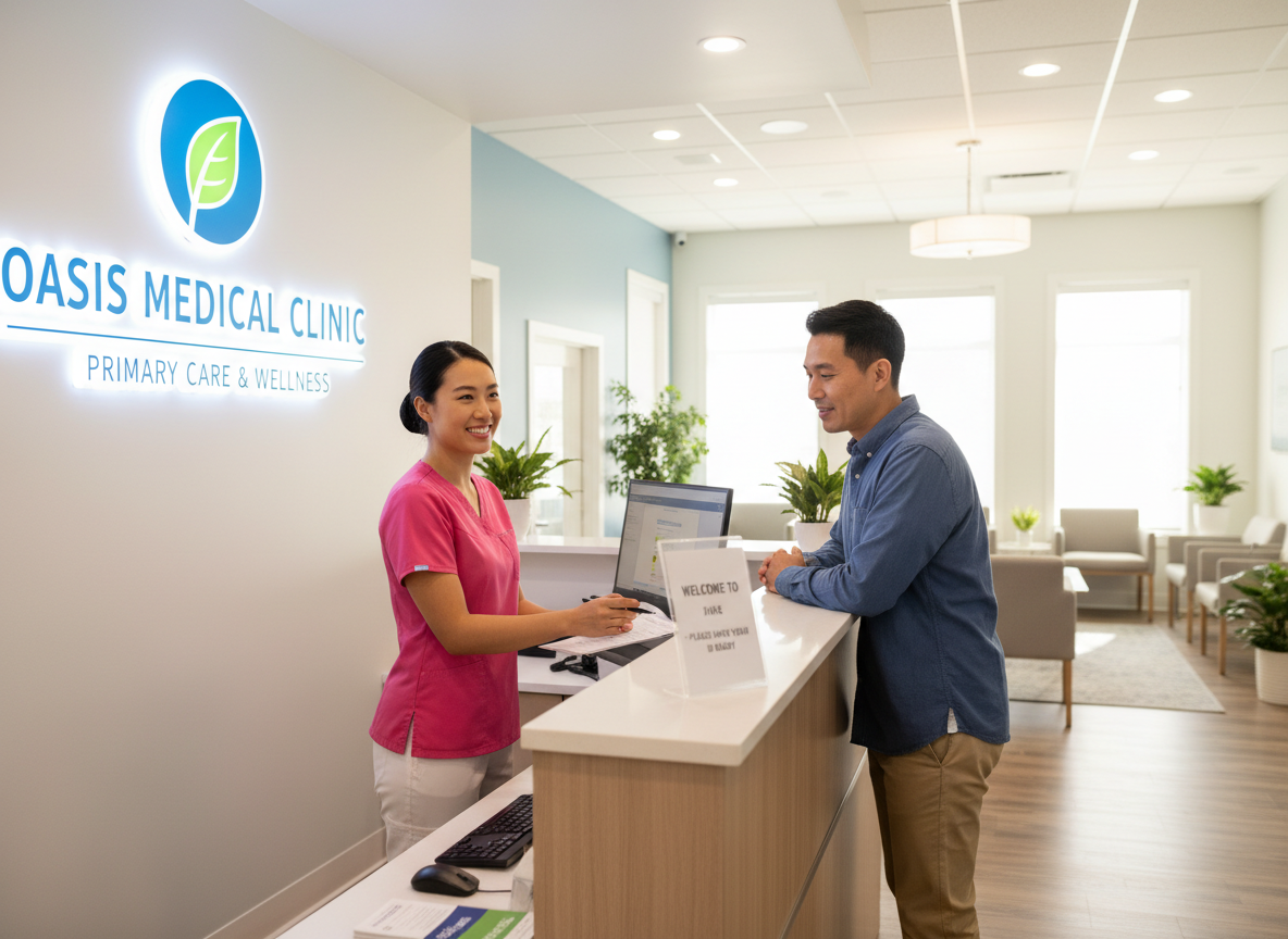 Asian nurse or receptionist wearing pink uniform at a clinic registration desk, helping an Asian patient with check-in. The clinic signage and text on the desk are clearly visible. Bright, clean, professional medical environment. Natural warm lighting. The nurse is smiling and welcoming.