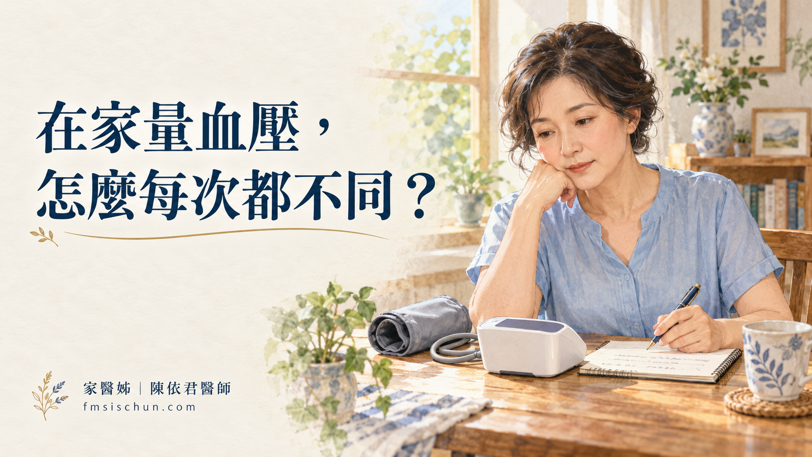 女性在家查看血壓計和紀錄本,思考量測結果的變化。