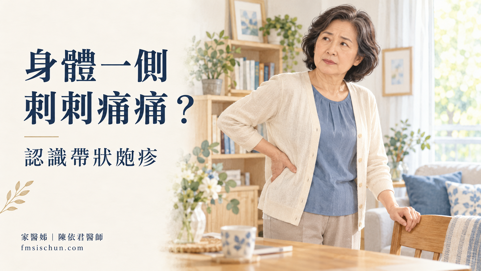 熟齡女性扶著身體一側,神情顯得不舒服。