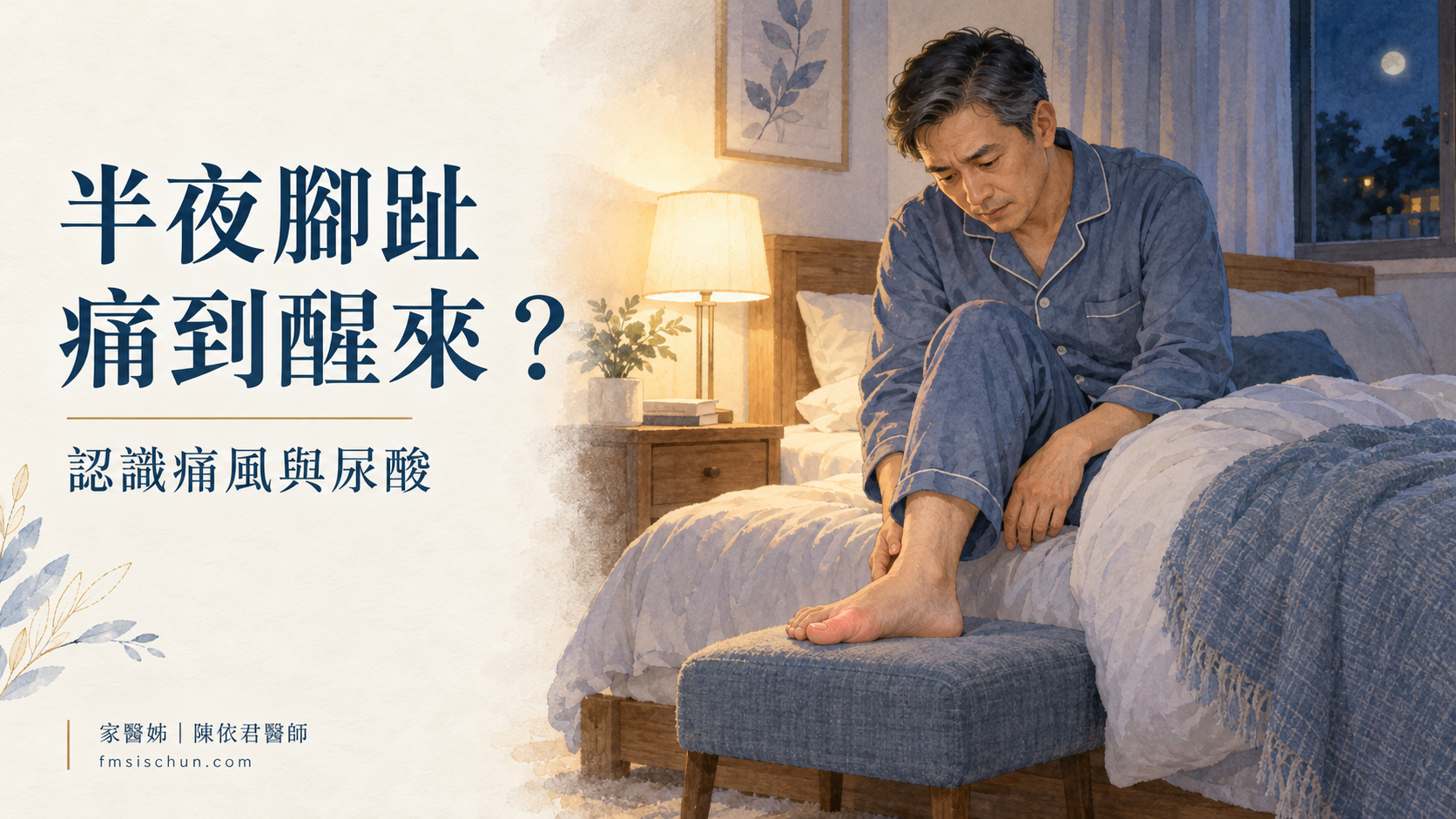 中年男性半夜坐在床邊，查看紅腫疼痛的大腳趾。
