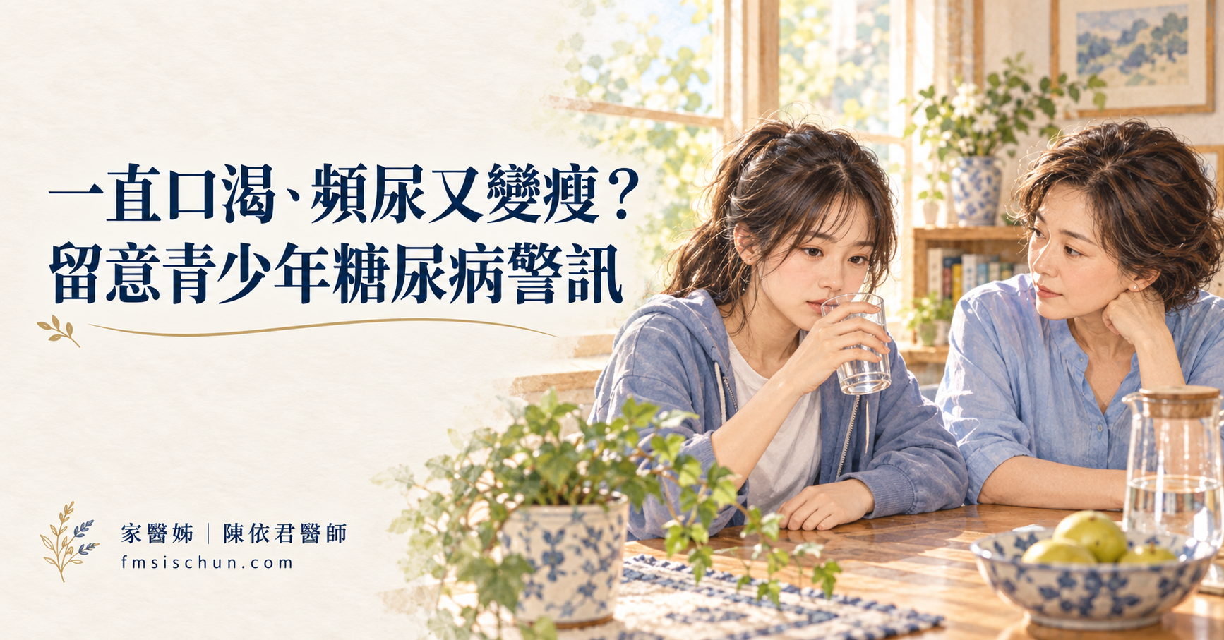 青少女喝水，母親關心她的身體變化。