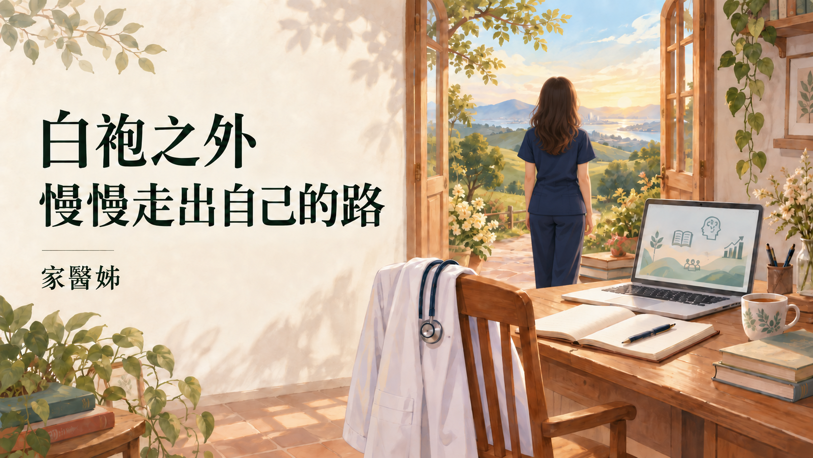 家醫姊穿著深藍色刷手服，背對觀者望向遠方的道路；圖中文字為「白袍之外，慢慢走出自己的路」。